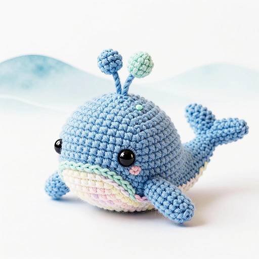 Cute, blue, crocheted whale with black eyes, pastel belly, and antennae, lying on a white surface. Photographed with