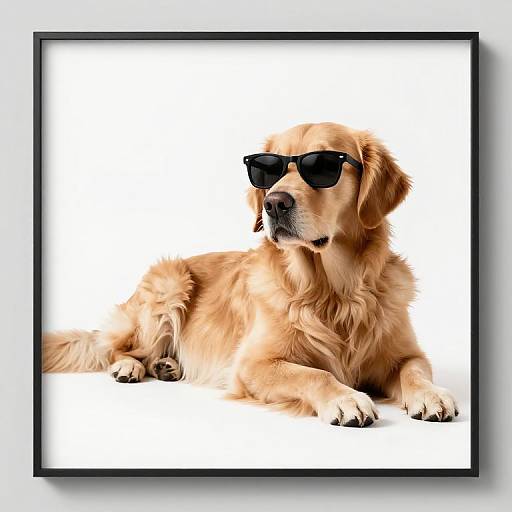 Photograph of a golden retriever lying down, wearing black sunglasses, against a white background, framed in a black frame.