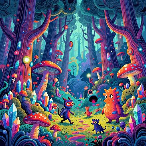 Vibrant, whimsical digital illustration of a magical forest with colorful crystals, glowing mushrooms, and fantastical creatures amidst towering, swirling trees.