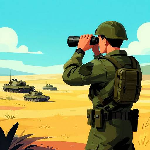 Cyberpunk Soldier Watching Tanks