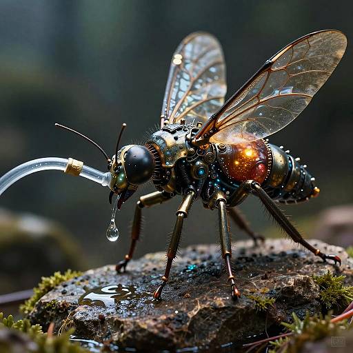 Close-up photograph of a metallic blue and red insect with transparent wings, detailed reflections, and water droplets, standing on mossy rock.