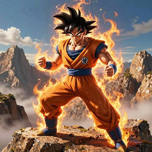 Digital artwork of Super Saiyan Goku standing on a rocky cliff, surrounded by flames, with mountainous background and clear blue sky.
