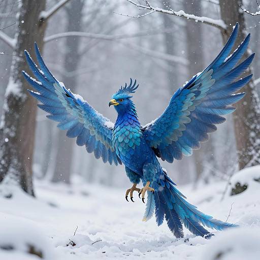 Blue Phoenix in Snowy Forest