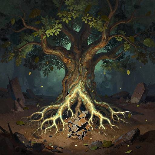Colossal Tree with Glowing Roots in Post-Apocalyptic Wasteland