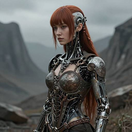 Photorealistic CGI of a red-haired woman with cybernetic armor, standing in a mountainous, cloudy landscape, exuding strength and futuristic style