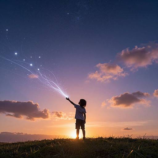 Silhouetted child with curly hair holds glowing star-like wand against vibrant sunset sky and clouds, grassy hill below. Magical, whimsical photograph