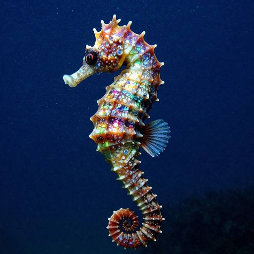 Vibrant, colorful seahorse with intricate, spiky patterns floating against a deep blue underwater background in high-resolution photograph.