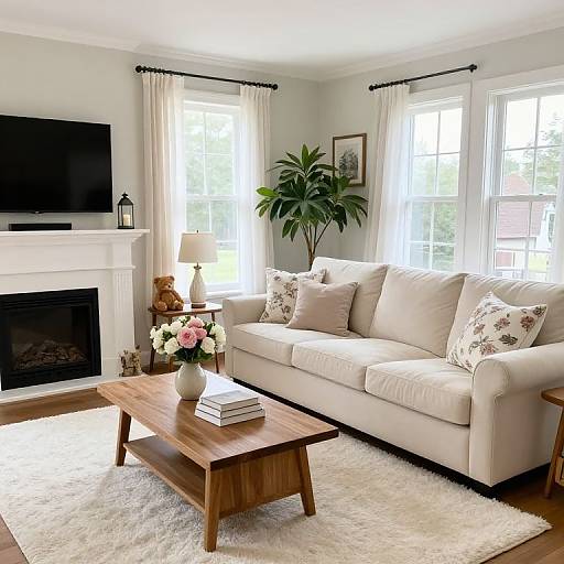 Bright living room photograph: white sofa with floral pillows, wooden coffee table, white rug, fireplace, flat-screen TV, windows, potted plant.