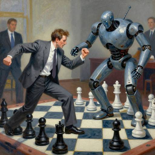 Digital artwork: A suited man in a white shirt and tie, intensely fighting a metallic robot on a checkerboard chessboard in a formal room, with