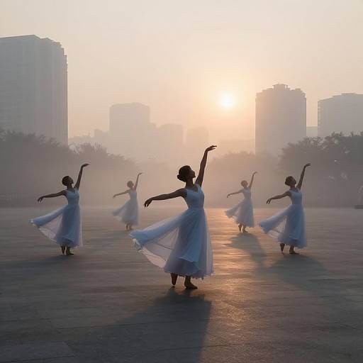 Photograph of five silhouetted ballerinas in flowing white dresses, arms gracefully raised, performing on a sunlit, misty urban plaza