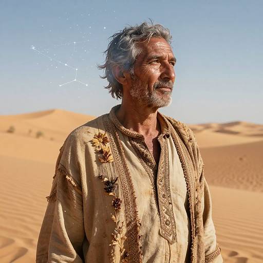 Photograph of an older, bearded Middle Eastern man with gray hair, wearing a beige, embroidered traditional robe, standing in a sunlit desert with