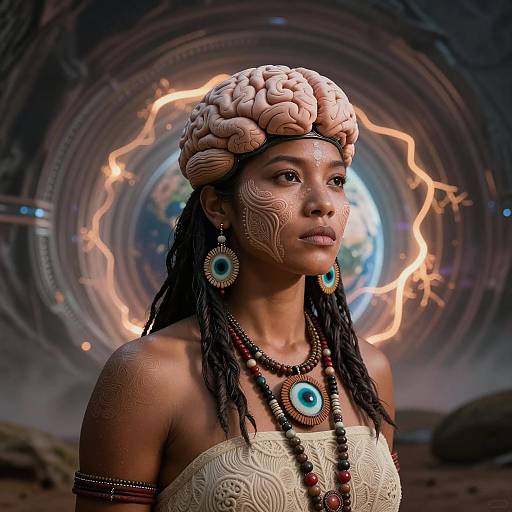 Indigenous Woman with Brain Helmet in Futuristic Portal