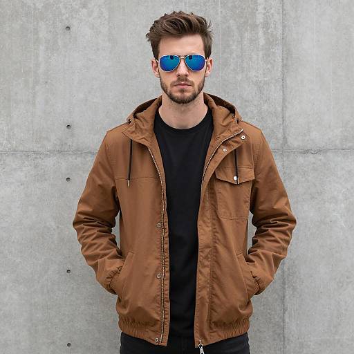 Young Man in Brown Hooded Jacket and Blue Sunglasses
