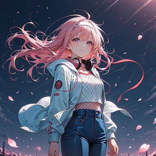 Anime Girl with Flowing Pink Hair and Hooded Jacket