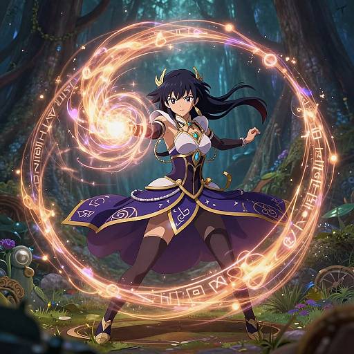 Anime-style magic user with black hair and horns casts a glowing circular spell in a dark, enchanted forest. Detailed, vibrant, fantasy artwork.