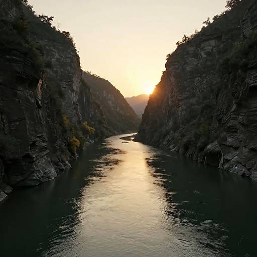 Photograph of a narrow canyon with steep, rocky cliffs on either side, reflecting a bright sunset in a calm river below.