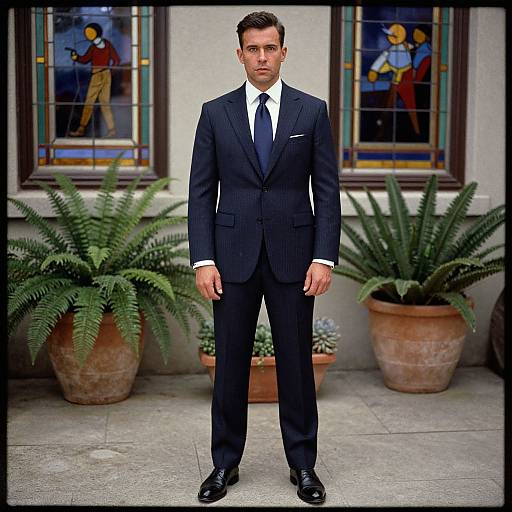 Photograph of a handsome, fair-skinned man with short dark hair, standing in front of stained glass windows, wearing a dark pinstripe suit