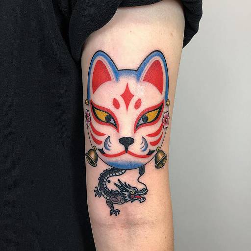 Vibrant Japanese Fox Mask Forearm Tattoo