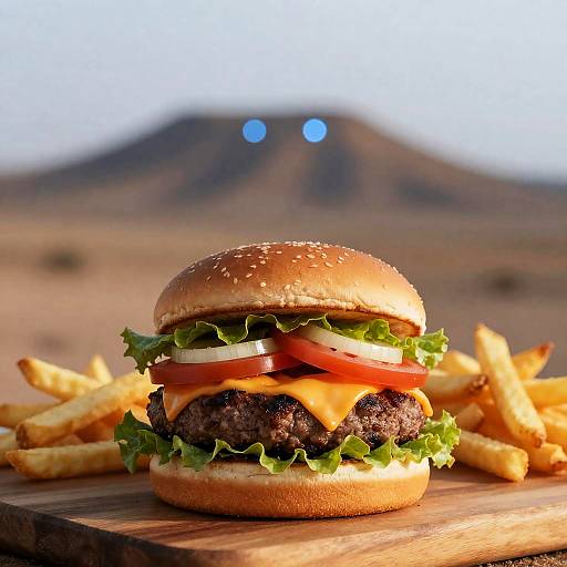 Classic Black Angus Cheeseburger with Fries in Desert Twilight