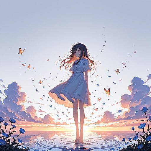 Serene Girl Amid Butterflies and Sunset