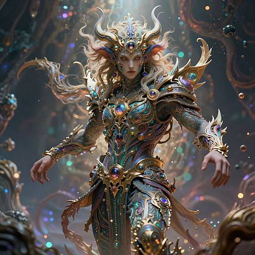 Digital fantasy artwork of a regal, horned female warrior with glowing blue and gold armor, flowing blonde hair, and ethereal background.