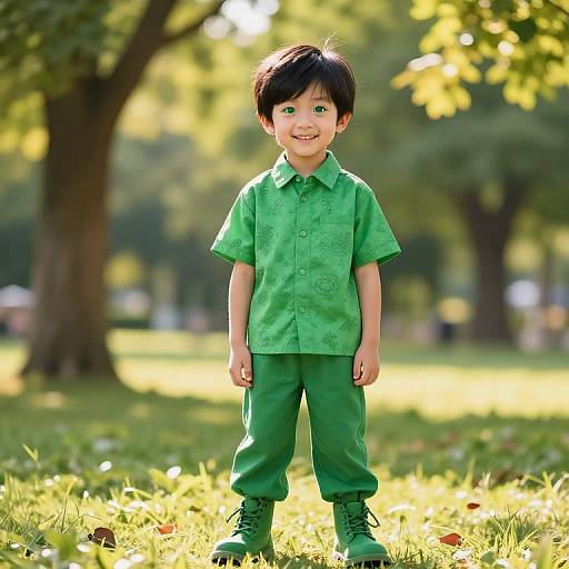 Cheerful Asian Boy in Sunny Park