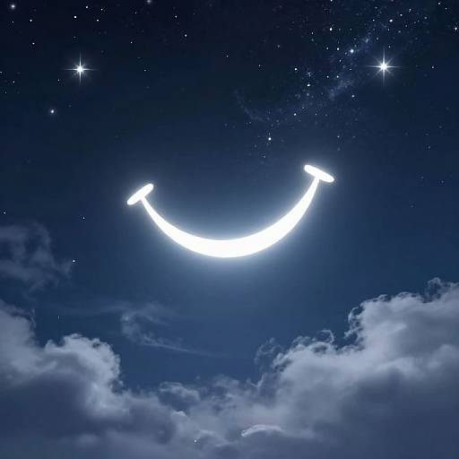 Digital artwork of a glowing, curved, white arrow-shaped light in a dark blue night sky, surrounded by stars and white clouds.