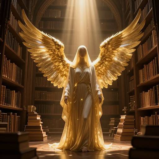 Digital art of a glowing, angelic figure with golden wings, wearing a flowing white robe, standing in a dimly lit library with sunbeams