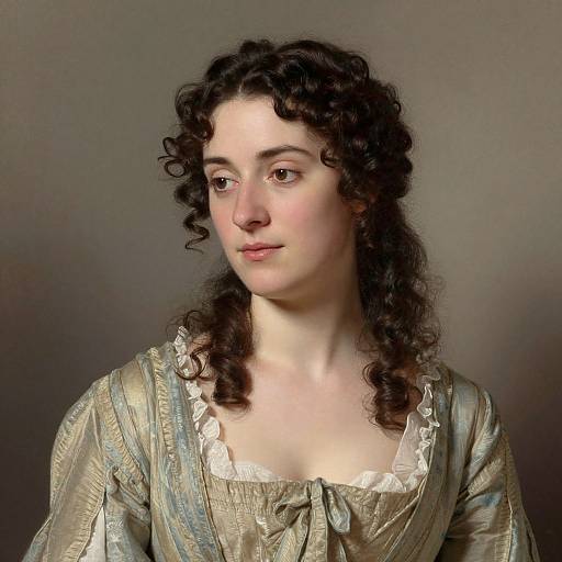 Photograph of a young woman with pale skin, curly dark brown hair, and soft features, wearing a gold and silver striped dress with lace trim,