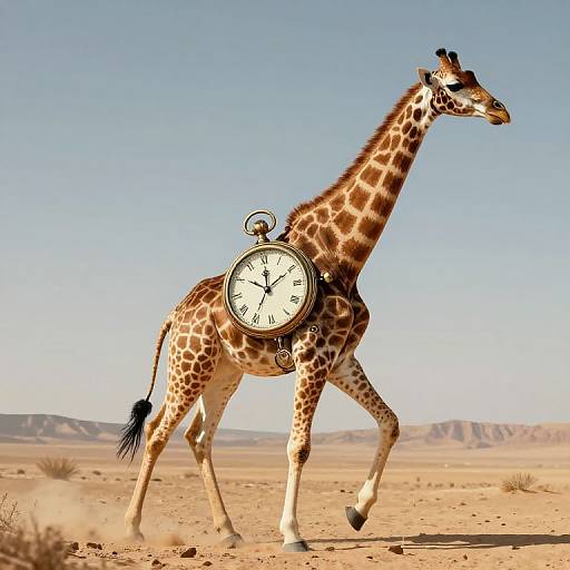 Photograph of a giraffe with a large, vintage-style clock attached to its side, walking in a sunny, arid desert landscape.