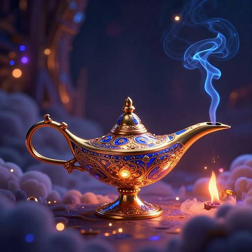 Photograph of a golden, ornately decorated teapot with blue patterns, emitting a blue smoke, surrounded by glowing candles and soft, cloud-like mist