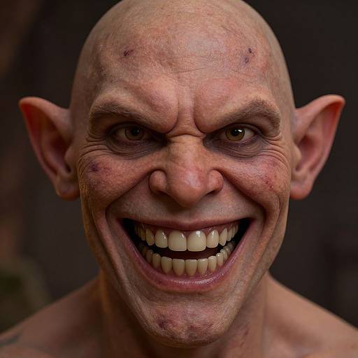 Photorealistic CGI of a bald, grinning goblin with large ears, wrinkled skin, yellow eyes, and sharp teeth, set against a