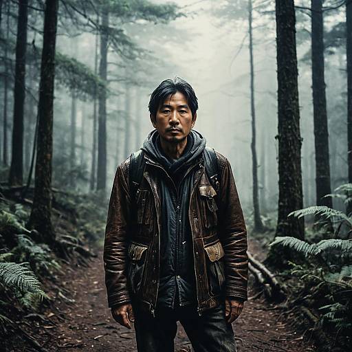 Weary Traveler in Misty Forest Dawn