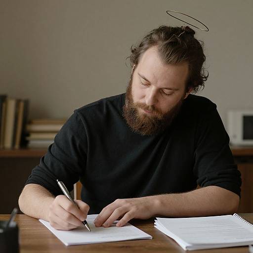 Photograph of a bearded man with a halo above his head, wearing a black shirt, writing on paper at a wooden table. Background includes books