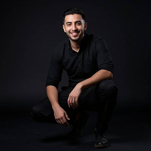 Photograph of a smiling young man with short black hair, wearing a black shirt and pants, squatting against a dark background.