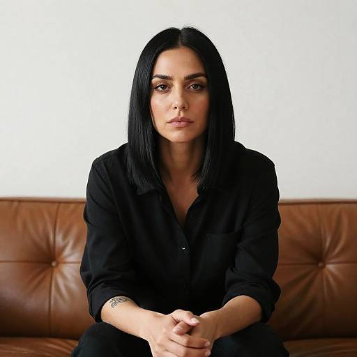 Photograph of a serious-looking woman with straight black hair, wearing a black button-up shirt, sitting on a brown leather couch against a white background.
