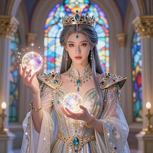 Digital artwork of a fair-skinned, long-haired queen with a crown, holding glowing orbs, adorned in a jeweled, white gown, in a