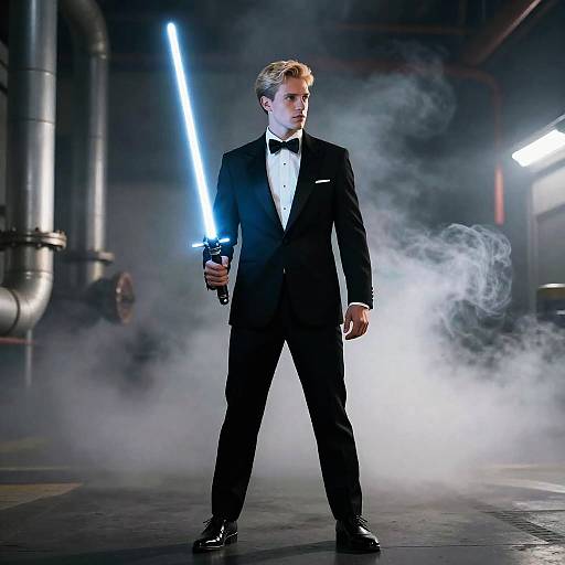 Blonde Man in Tuxedo with Lightsaber