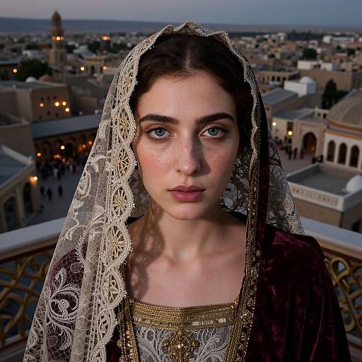 Photograph of a fair-skinned woman with blue eyes, wearing an ornate lace veil and traditional gold-embellished dress, standing on a