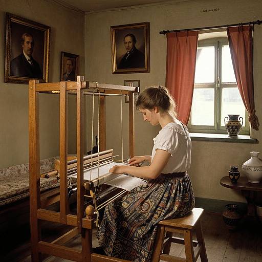 Photograph of a young woman with short brown hair, wearing a white blouse and patterned skirt, operating a wooden spinning wheel in a vintage room with