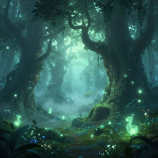 Enchanting digital painting of a mystical forest with glowing green fireflies, towering dark trees, and ethereal light illuminating the misty background.