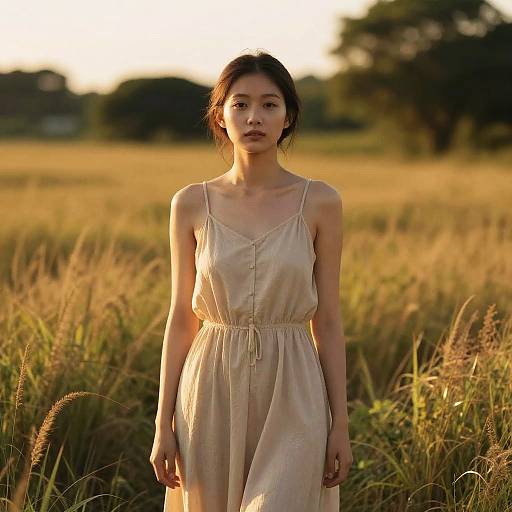 Young Woman in Beige Dress Standing in Sunlit Field
