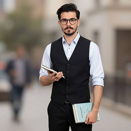Photograph of a handsome, bearded man with dark hair and glasses, wearing a black vest over a white shirt, holding a notebook and pen,