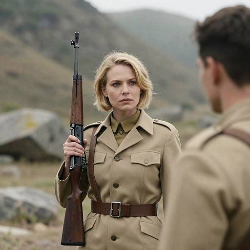 Serious Woman in Military Coat Outdoors