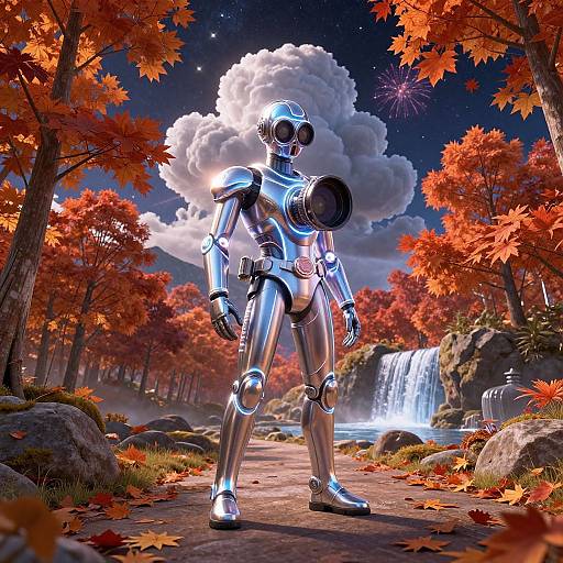 Photorealistic CGI of a shiny, silver humanoid robot standing in a vibrant autumn forest with a waterfall, red leaves, and a starry night sky