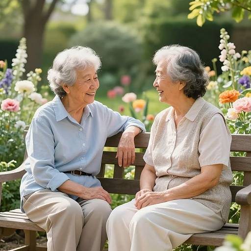 Photograph of two elderly women with gray hair, smiling and laughing on a wooden bench in a vibrant, sunny garden filled with colorful flowers.