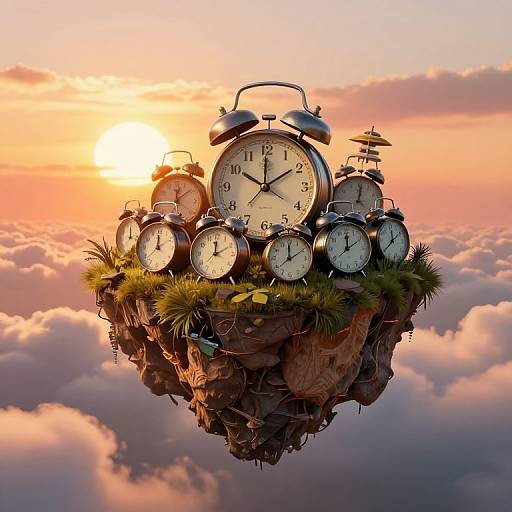 Photograph of an island-shaped clock cluster with multiple vintage alarm clocks, surrounded by grass, floating in a sunset-lit sky.