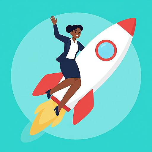 Digital illustration of a smiling Black woman in a navy suit and white shirt, riding a red and white rocket against a turquoise background. She waves one hand