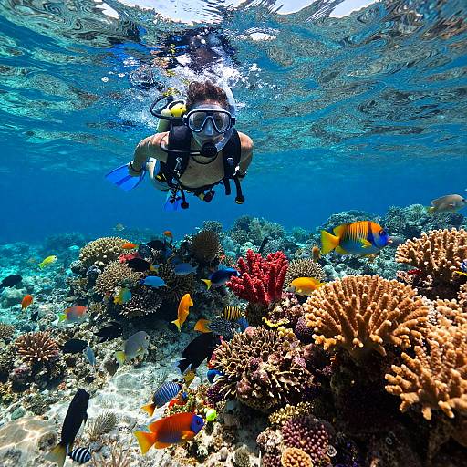 Photograph of a scuba diver with mask and snorkel, underwater, surrounded by colorful fish and vibrant coral reef, clear blue water, sunlight filtering