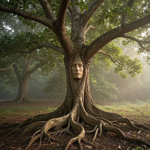 Photograph of a tree with a carved human face in its trunk, surrounded by dense forest, sunlight filtering through leaves.